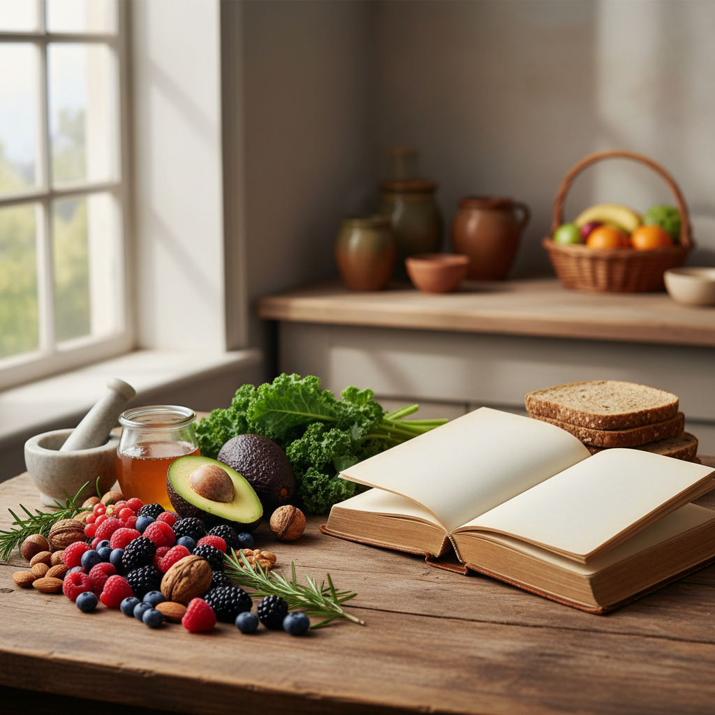 An open book alongside natural foods representing knowledge and nutritional education