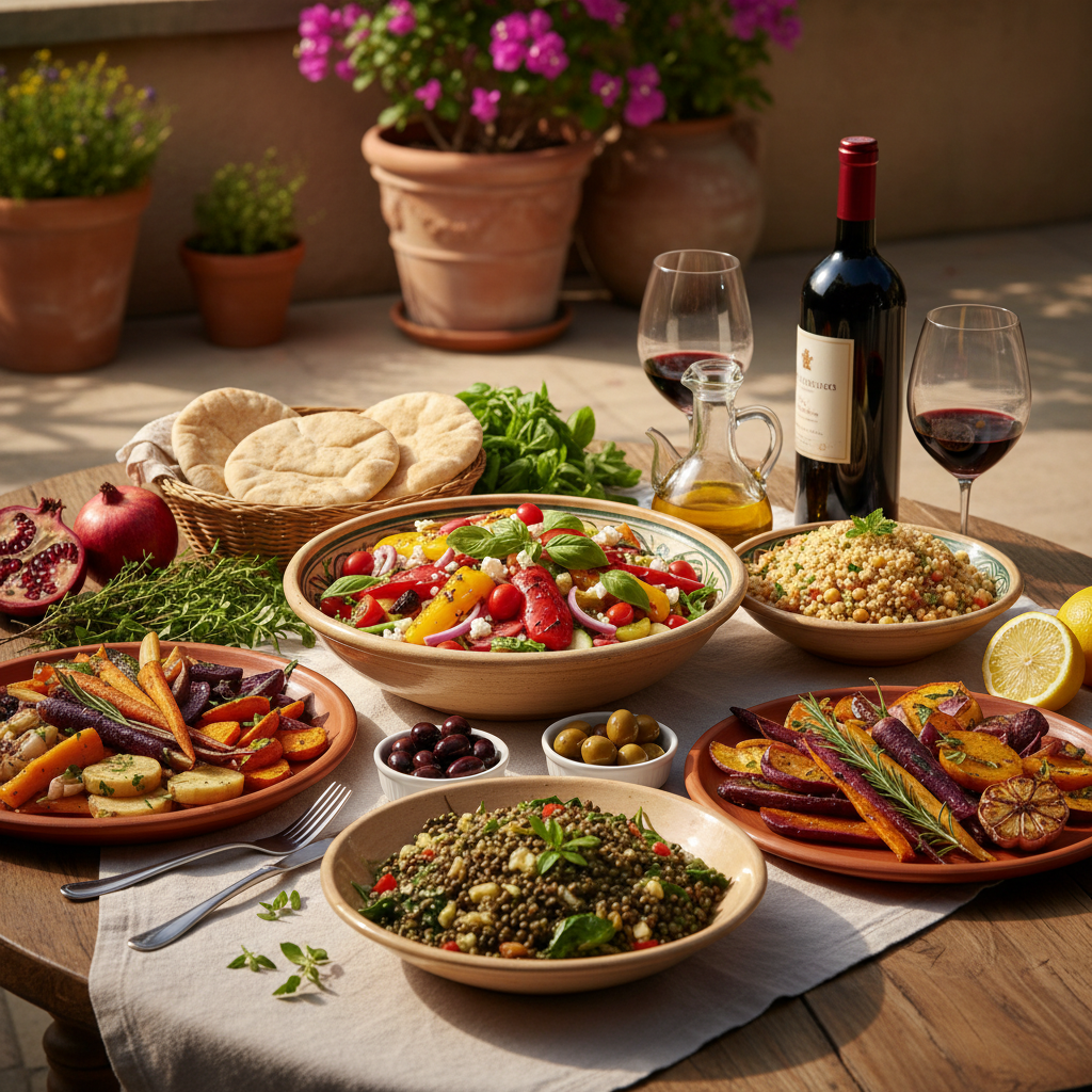 A Mediterranean-style spread of colourful vegetables, whole grains, olive oil and legumes on a sunlit table