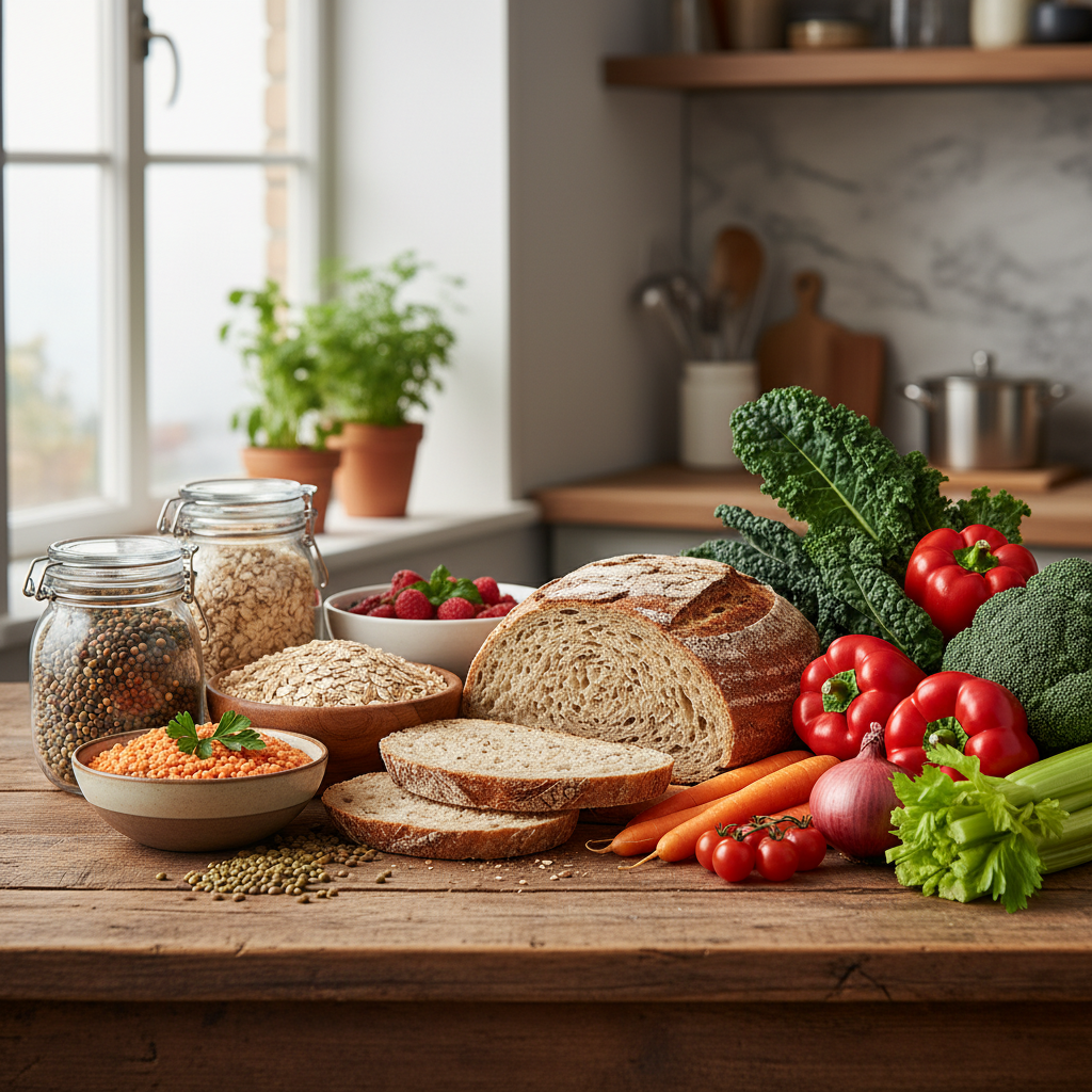 A colourful selection of high-fibre foods including whole grain bread, oats, lentils, and fresh vegetables