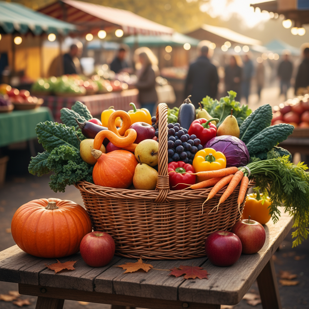 A basket of fresh seasonal vegetables and fruits at an outdoor farmers market in autumn colours